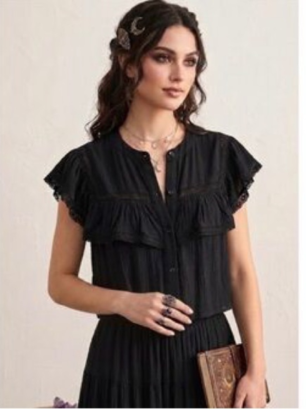 Day + Moon Black Ruffled Button Front Crop Top